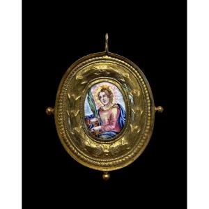 Pendentif/Médaillon dévotionnel/religieux en cuivre doré et émail - Allemagne - 18e siecle