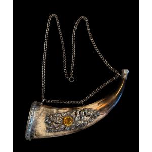 Horn With Tobacco Tin/tabatière With Sterling Silver And Citrine - Scotland - 19th Century