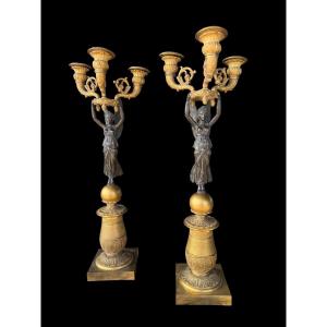 Pair Of Bronze And Gilded Bronze Candlesticks/candelabras From The Empire Period—france—early 19th Century