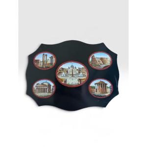 "grand Tour" Paperweight In Black Marble With Five Micromosaics - Italy - 19th Century