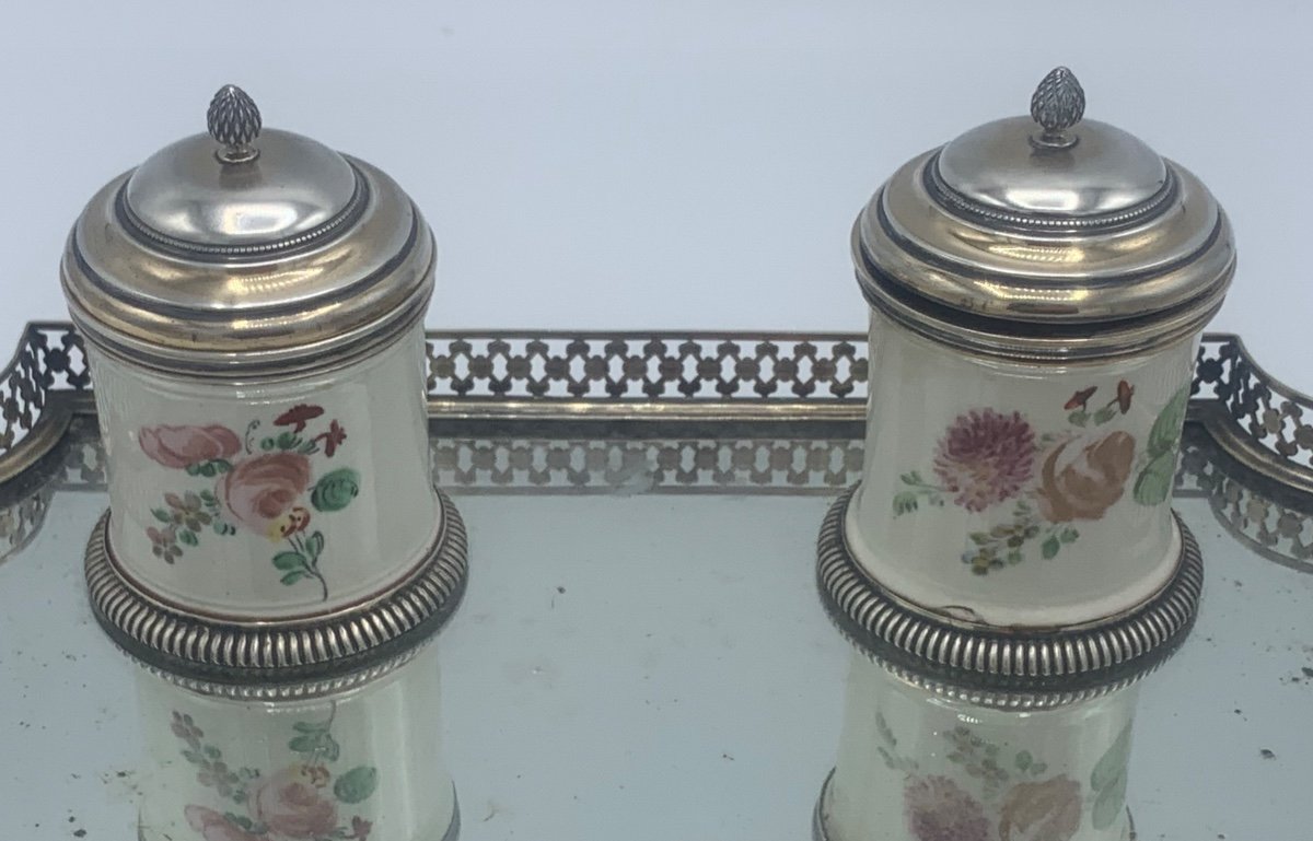 Double Inkwell In Silver And Porcelain, Risler Et Carre, 20th,-photo-7