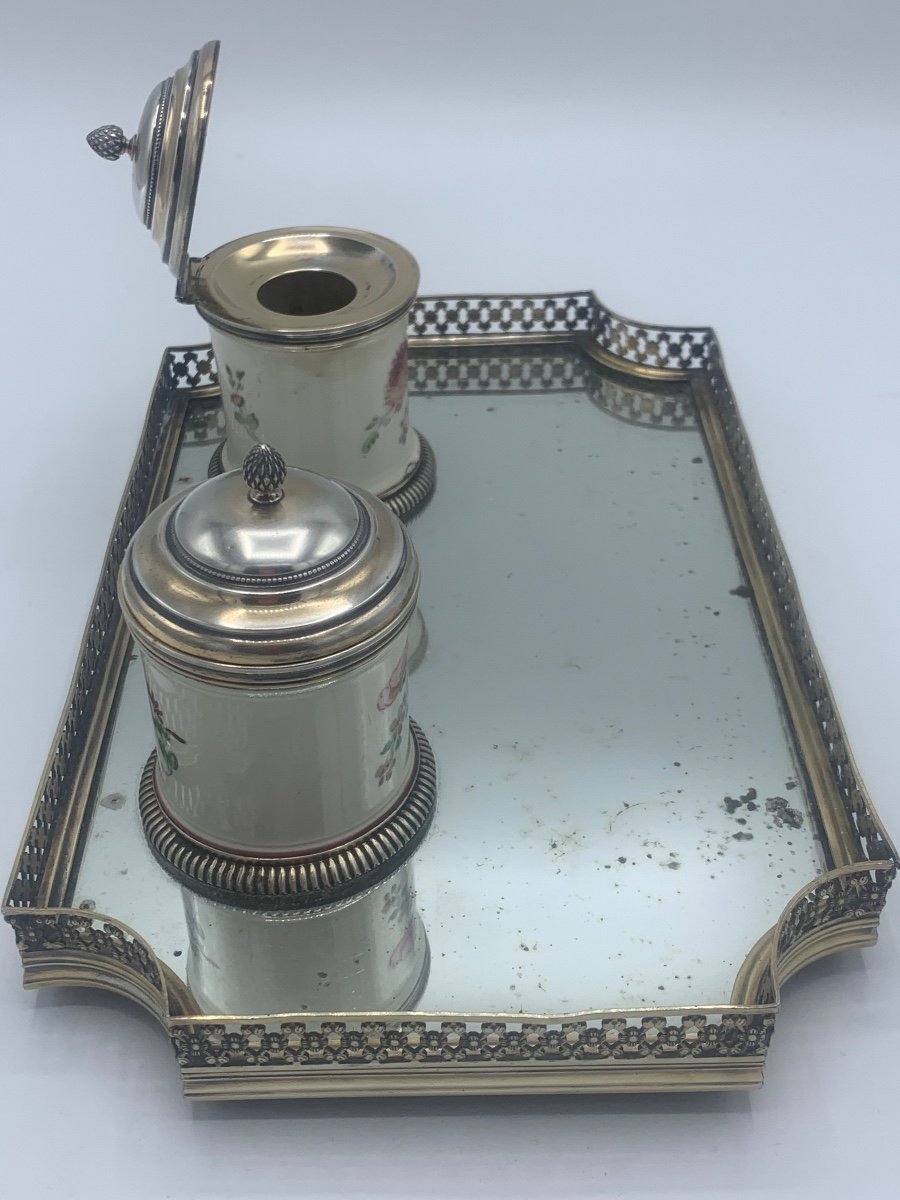 Double Inkwell In Silver And Porcelain, Risler Et Carre, 20th,-photo-8