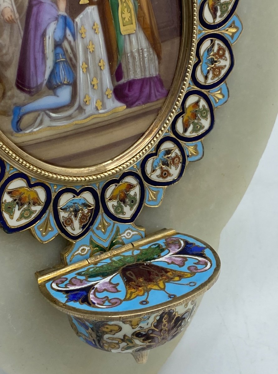 Holy Water Font In Cloisonné Enamel, Porcelain Medallion -photo-4