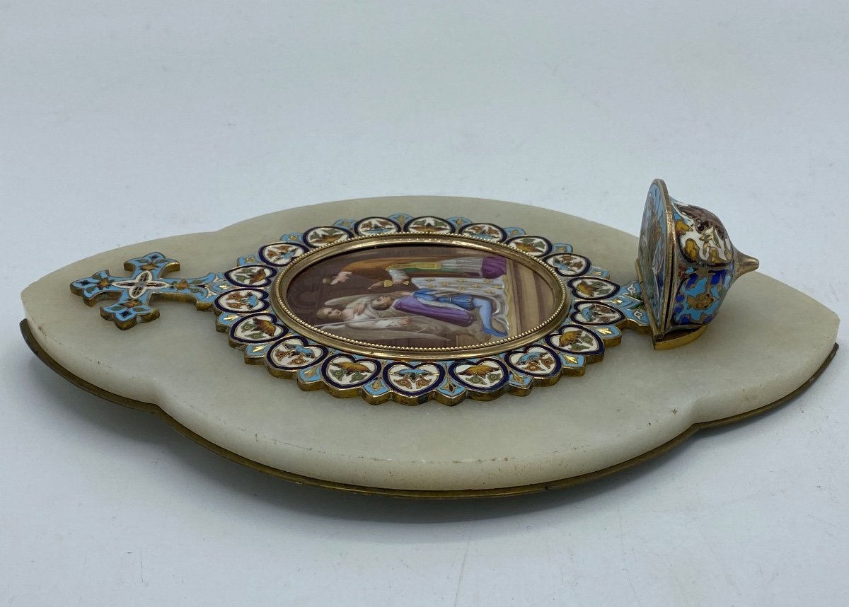 Holy Water Font In Cloisonné Enamel, Porcelain Medallion -photo-1