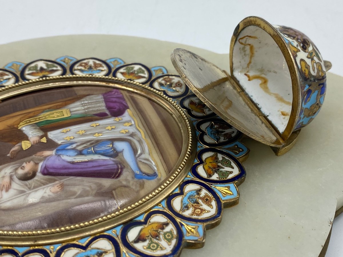 Holy Water Font In Cloisonné Enamel, Porcelain Medallion -photo-2