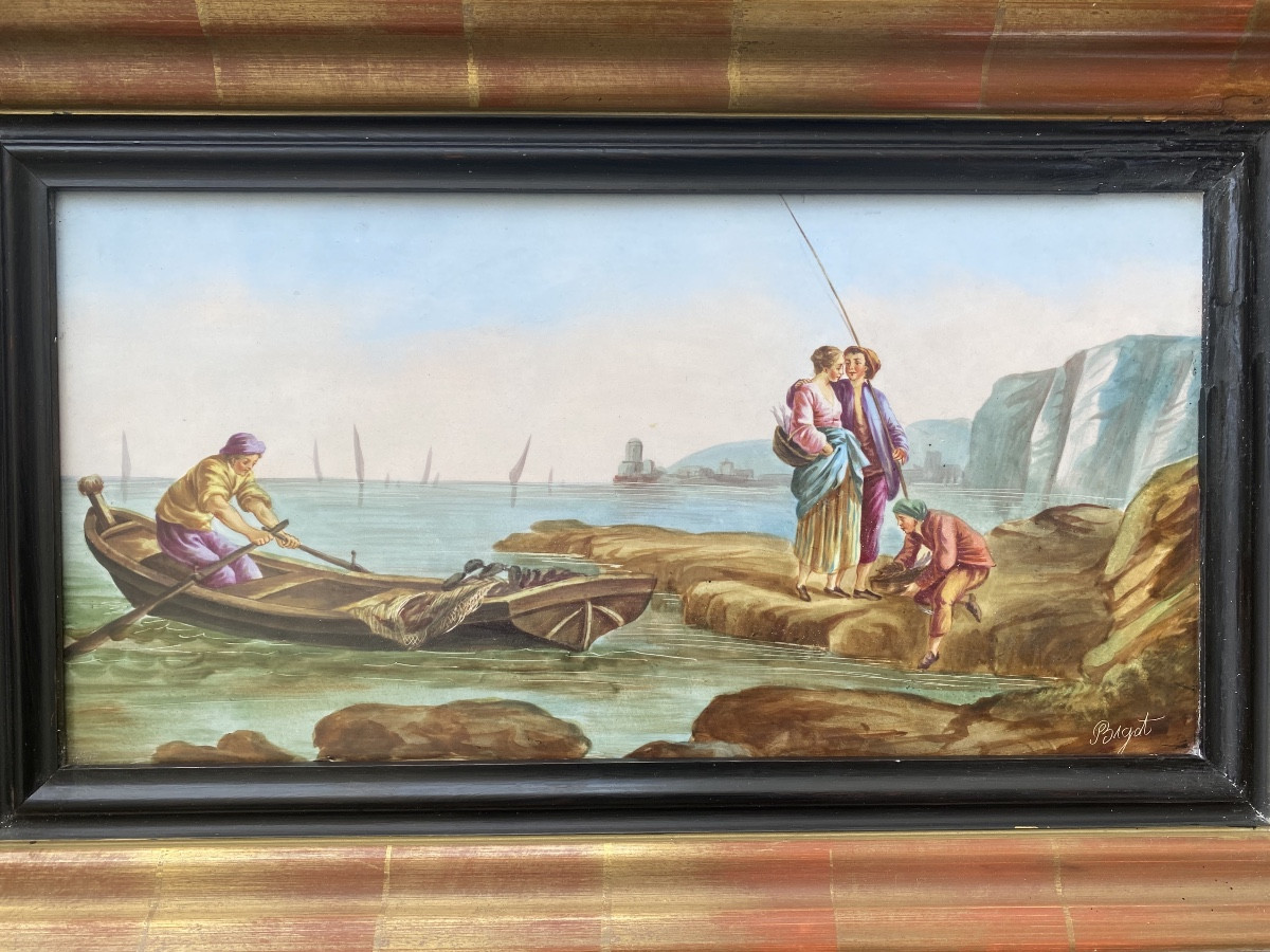 Paire de tableaux sur porcelaine signée Bigot, marine -photo-2