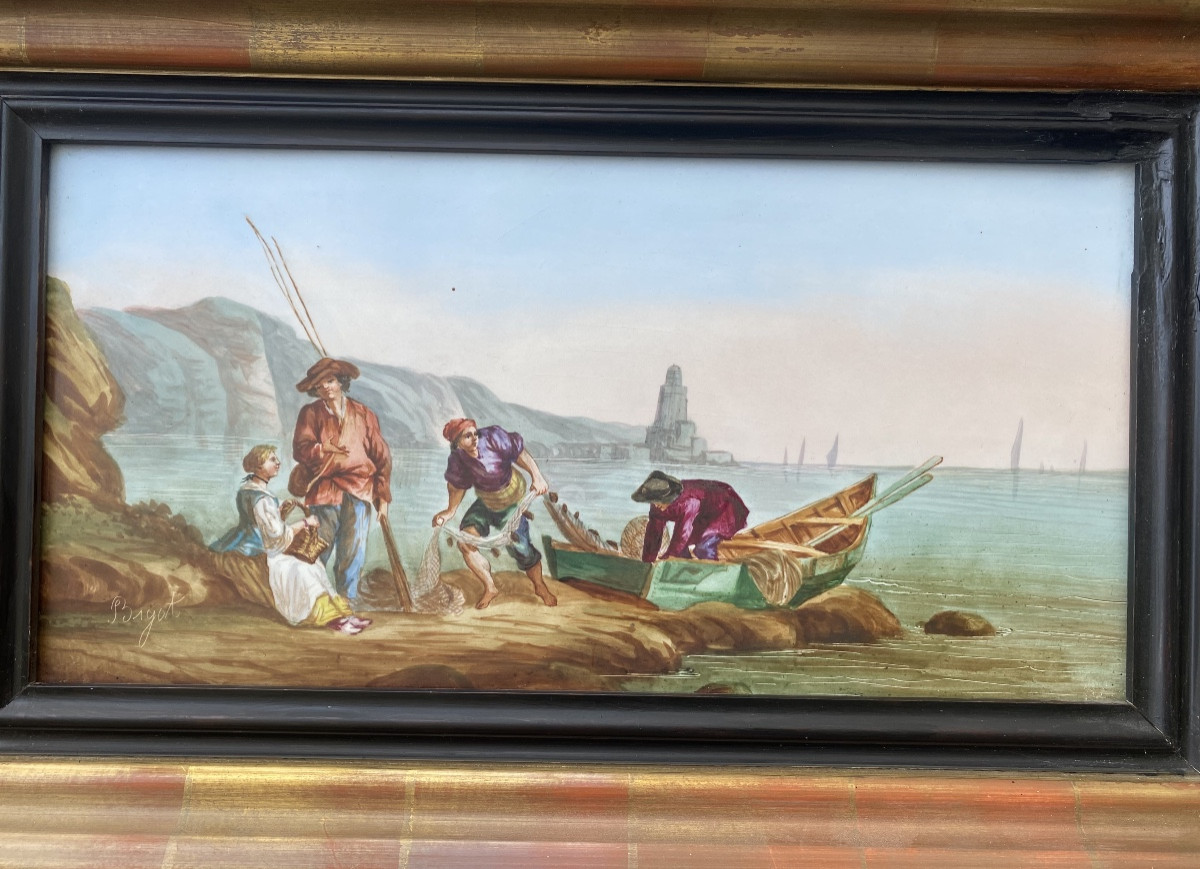 Paire de tableaux sur porcelaine signée Bigot, marine -photo-3