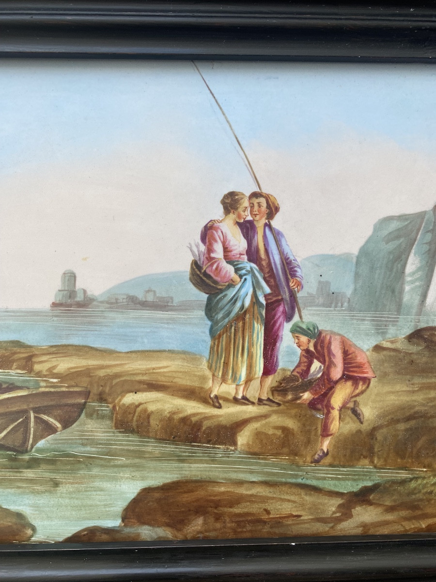 Paire de tableaux sur porcelaine signée Bigot, marine -photo-2