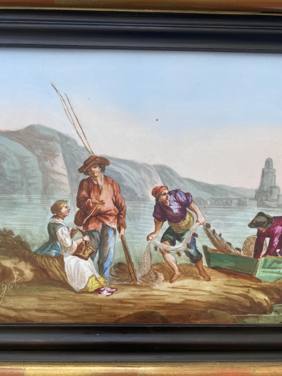 Paire de tableaux sur porcelaine signée Bigot, marine -photo-3