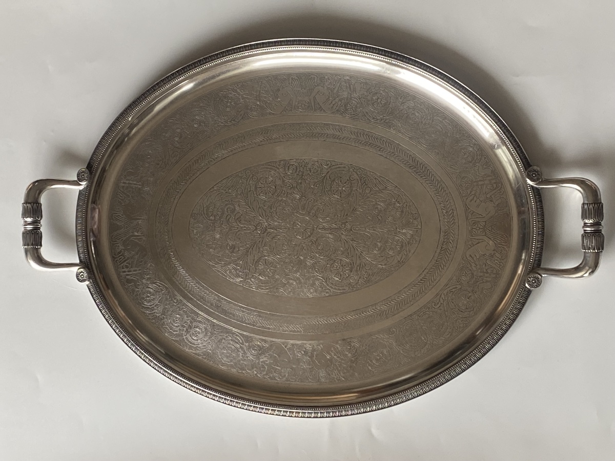 Large Silver-plated Metal Tray, "malmaison" Model By Christofle 