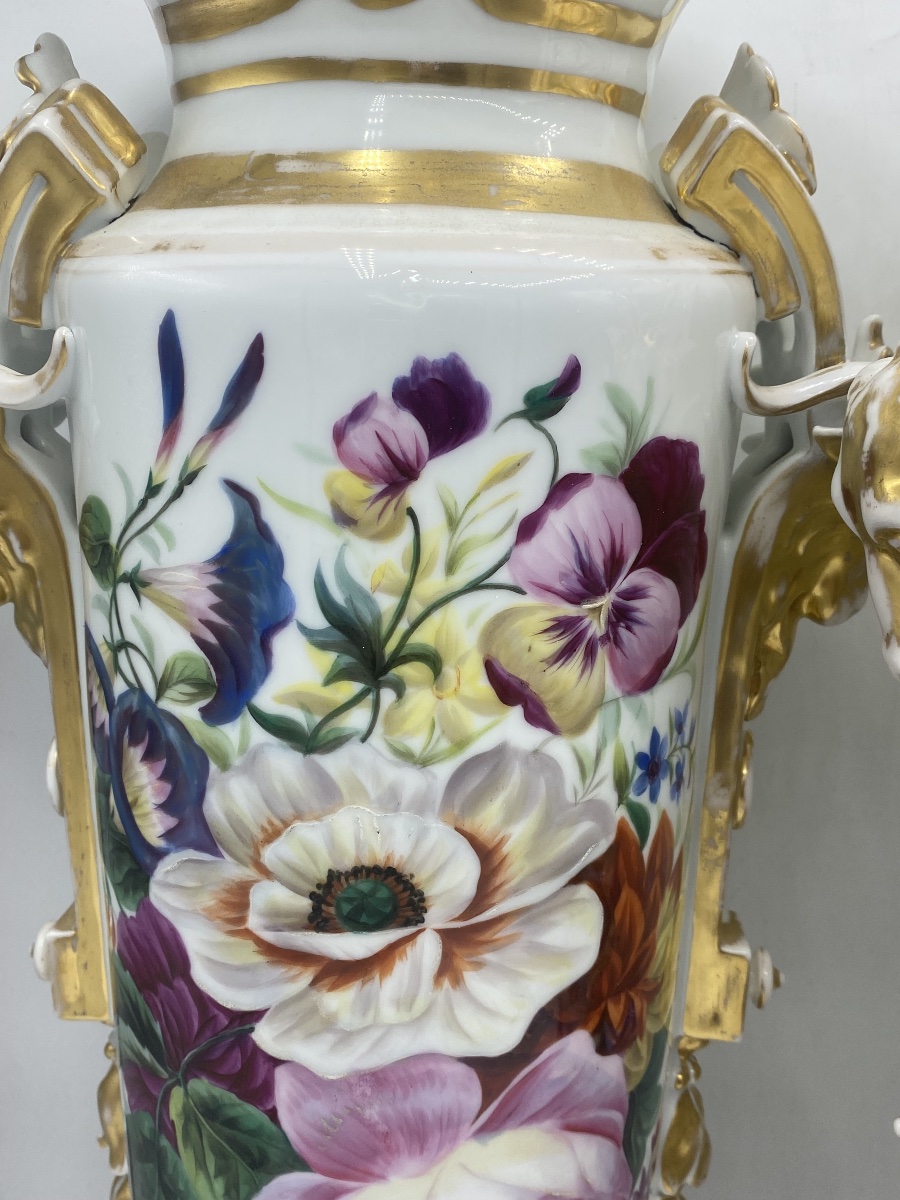 Paire de grands vases en Porcelaine de Paris , 19eme , fleurs -photo-4
