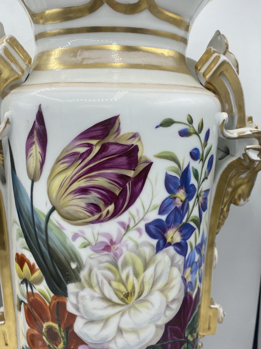 Paire de grands vases en Porcelaine de Paris , 19eme , fleurs -photo-1