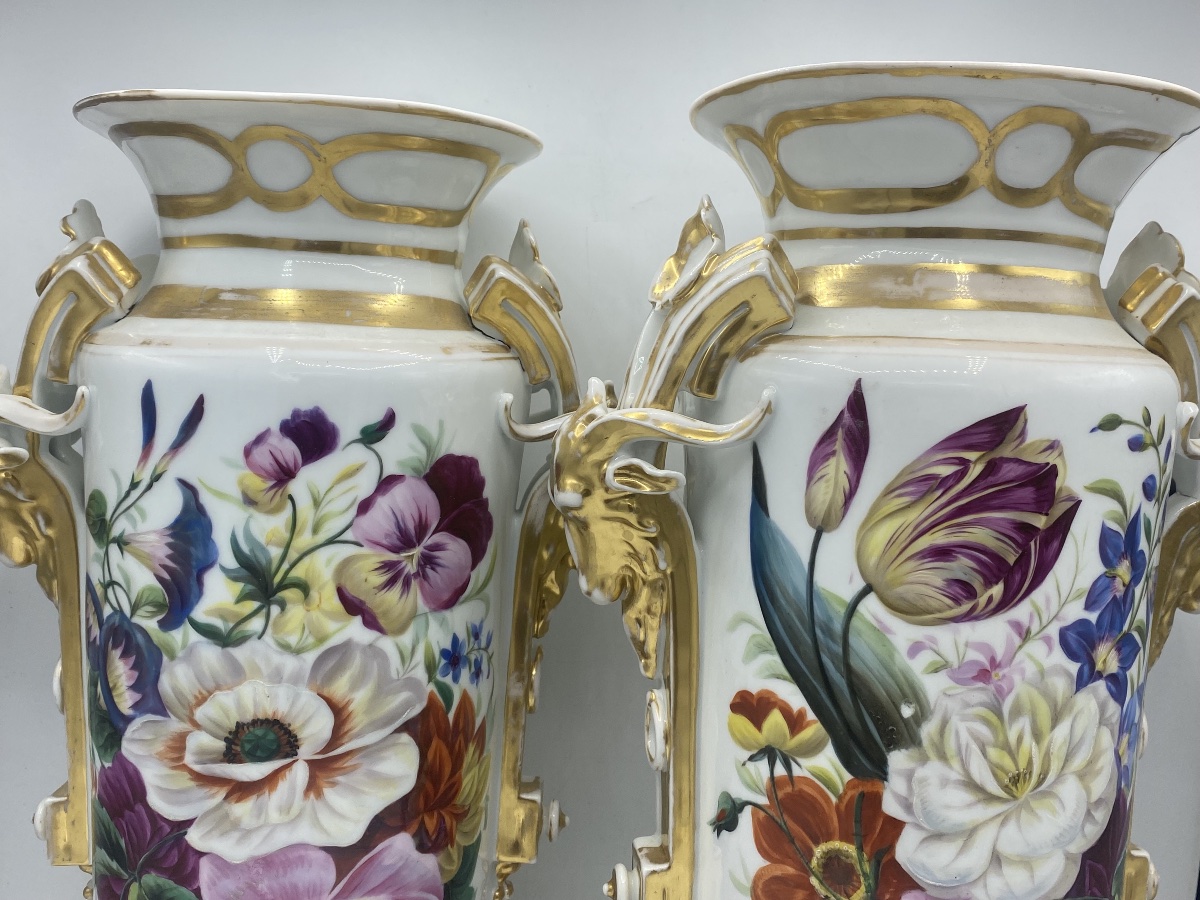 Paire de grands vases en Porcelaine de Paris , 19eme , fleurs -photo-2