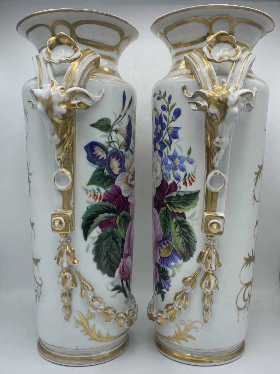 Paire de grands vases en Porcelaine de Paris , 19eme , fleurs -photo-5