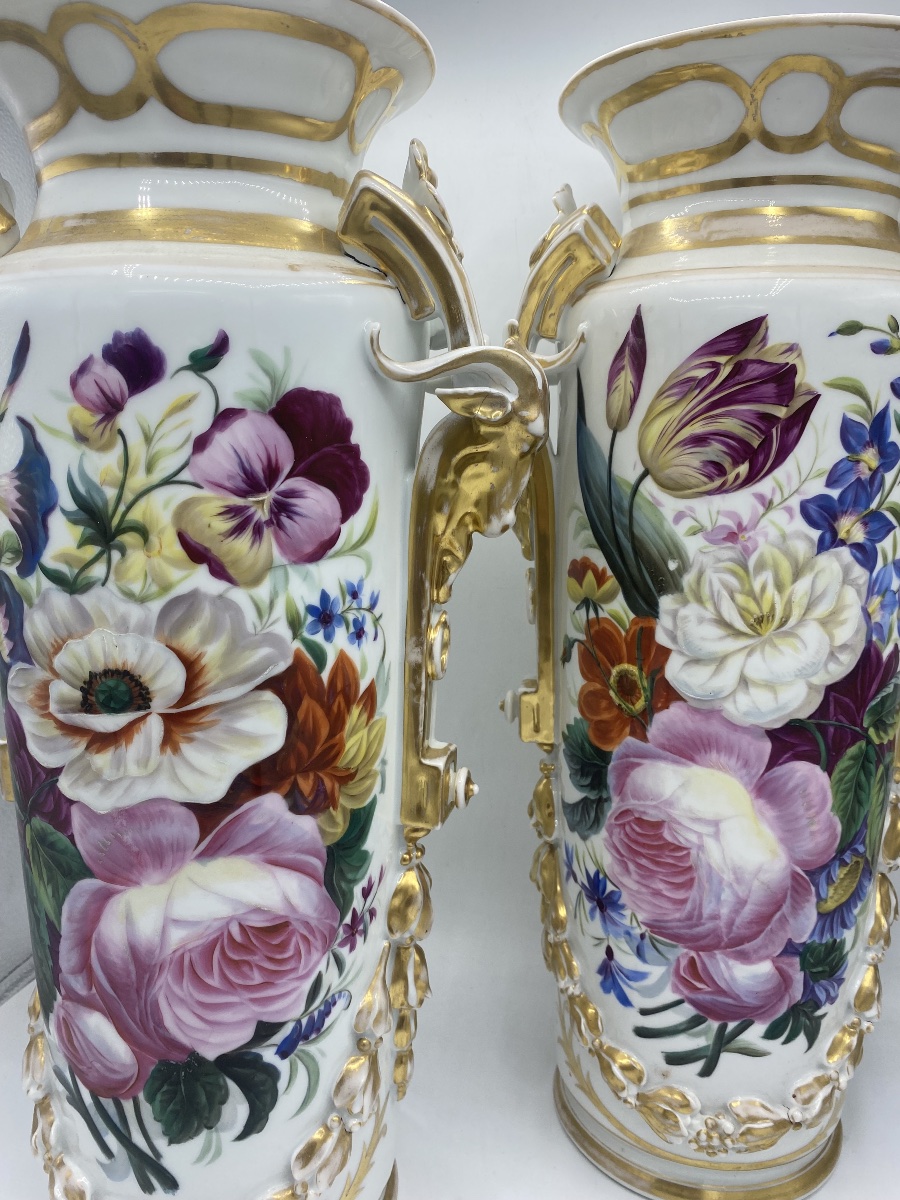 Paire de grands vases en Porcelaine de Paris , 19eme , fleurs -photo-8