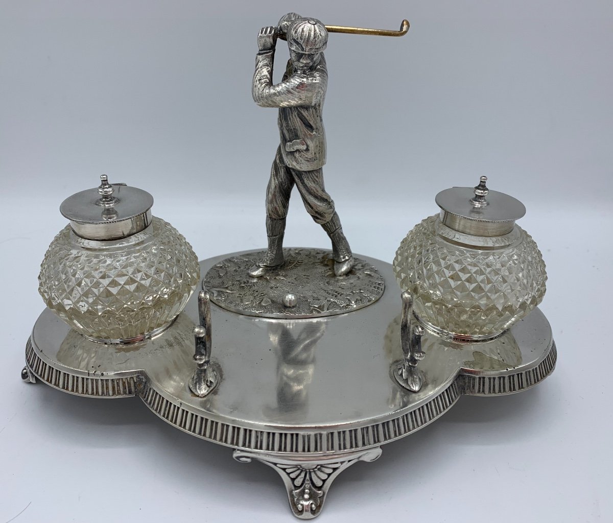 English Silver Metal Inkwell, Golfer Circa 1880