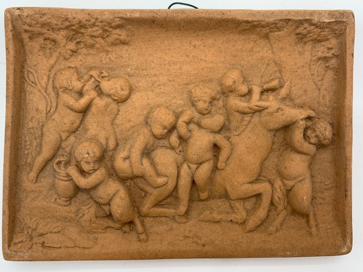 Paire de plaques , bas relief en terre  cuite  , Putti , Fin 19eme -photo-2