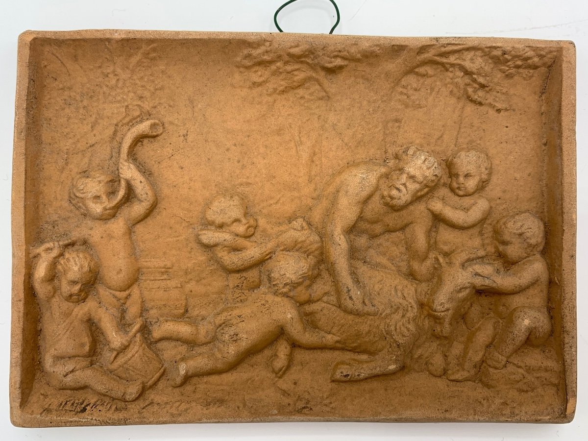 Paire de plaques , bas relief en terre  cuite  , Putti , Fin 19eme -photo-3