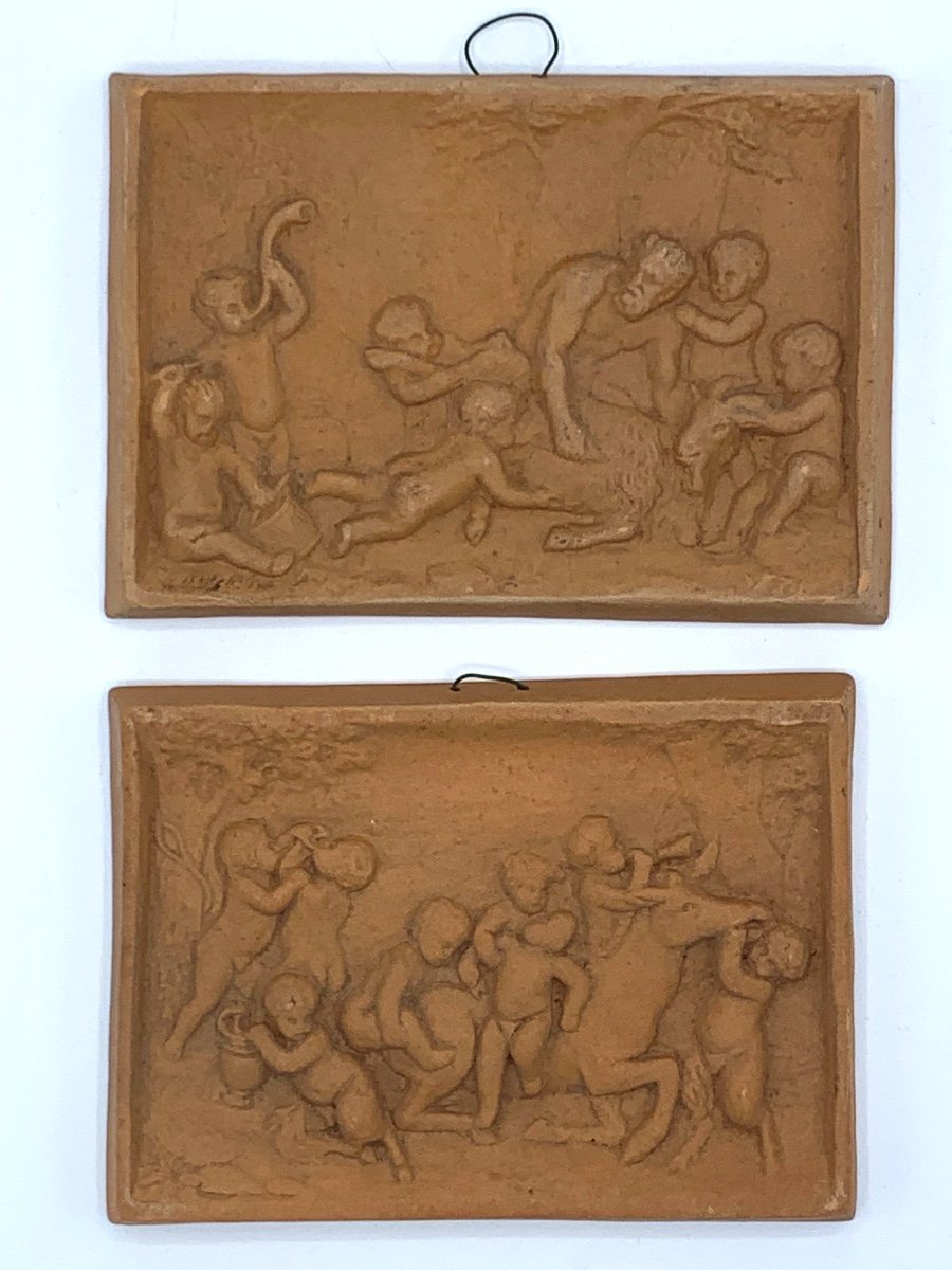 Pair Of Plaques, Terracotta Bas Relief, Putti, Late 19th-photo-3