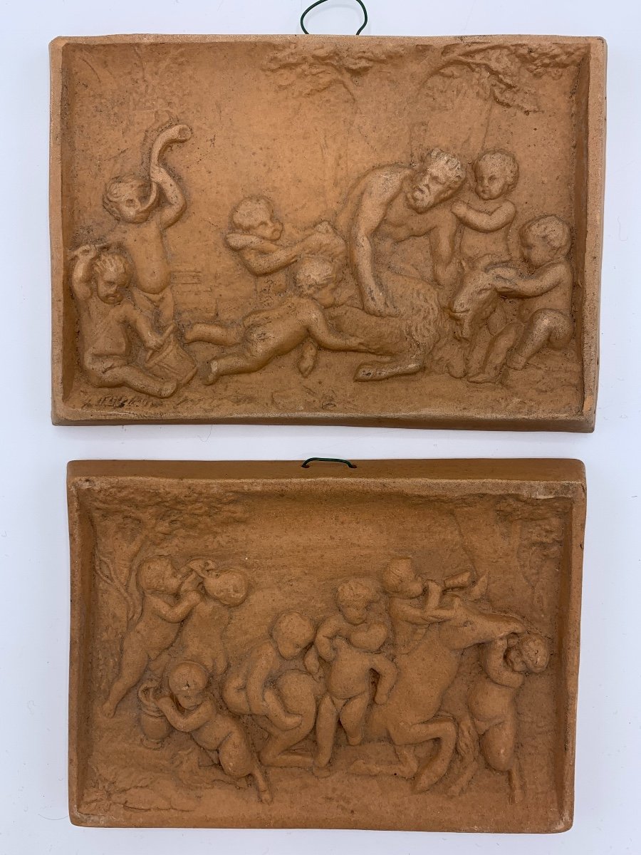 Pair Of Plaques, Terracotta Bas Relief, Putti, Late 19th