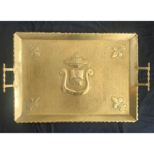 Serving Tray In Repoussé Brass, Crown, With The Arms Of Orthez 