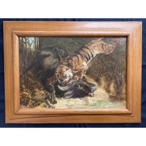 Tableau huile sur toile Buffle surpris par un tigre , fin 19eme. , Charles Verlat 