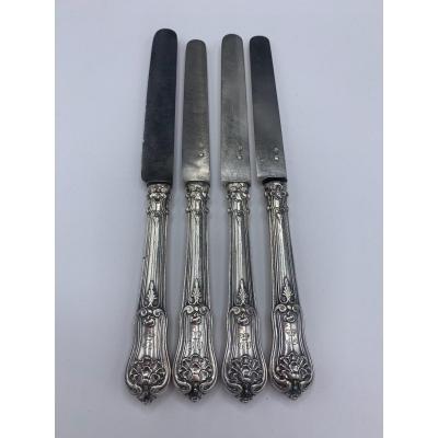 4 Dessert Knives In Silver And Coat Of Arms 19th