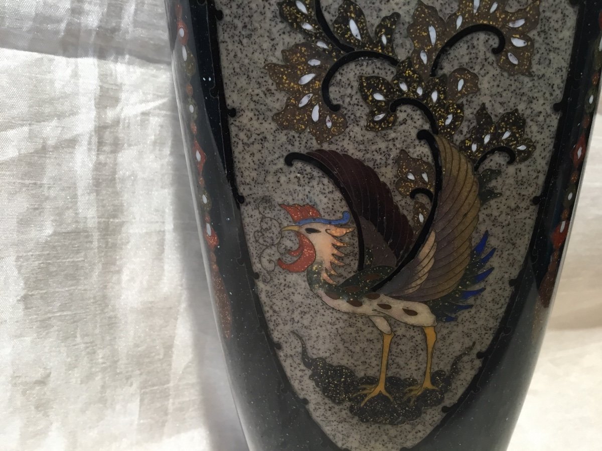 Japon 19ème - Vase En Cloisonné émail à Décor De Coq-photo-1