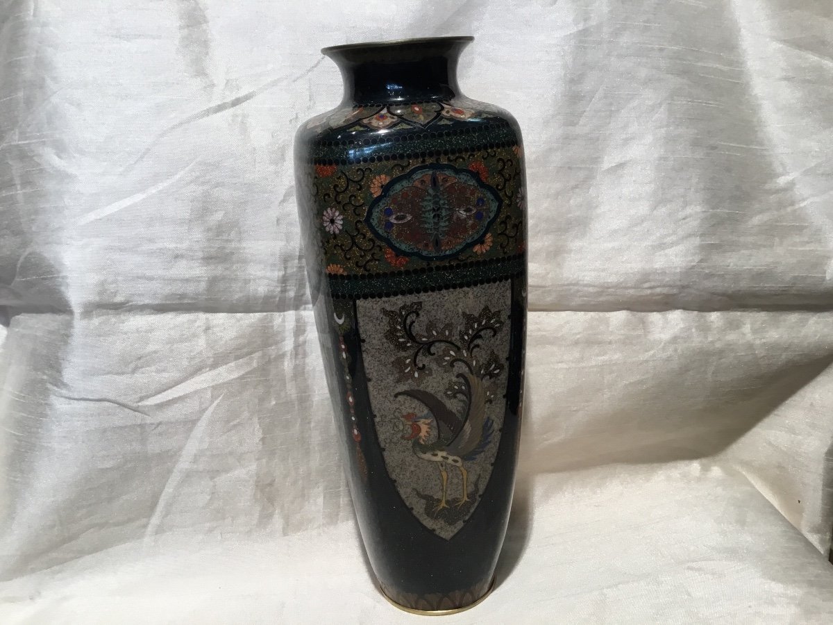 Japon 19ème - Vase En Cloisonné émail à Décor De Coq