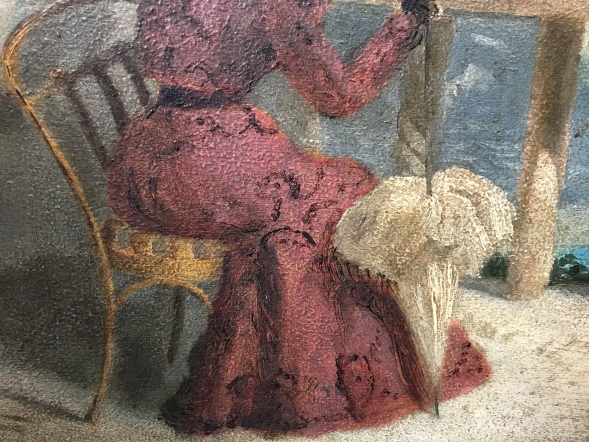 Tableau XIXème - Jeune Femme Sur Un Balcon Devant La Mer-photo-3