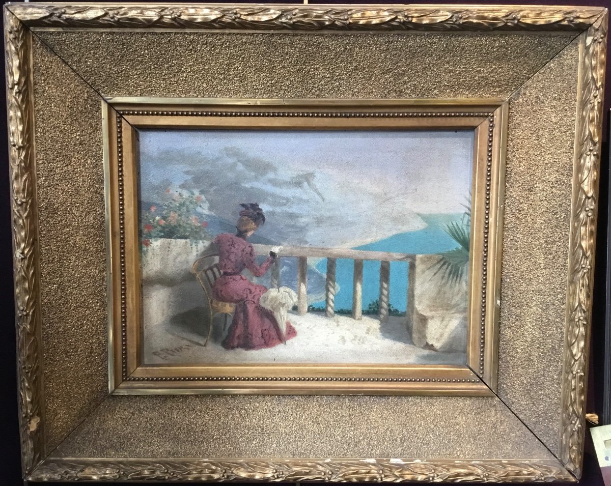 Tableau XIXème - Jeune Femme Sur Un Balcon Devant La Mer