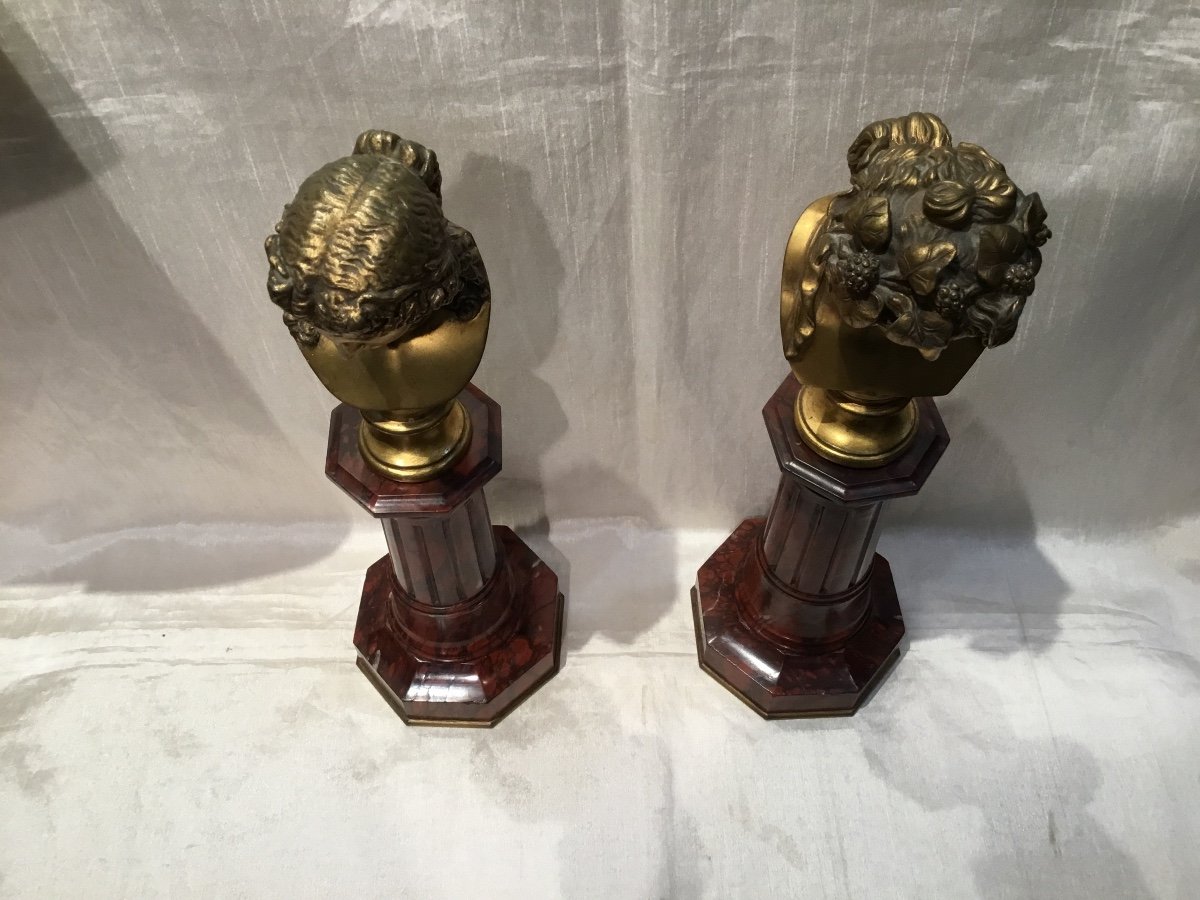 Paire De Bustes Bronze Sur Colonnes Marbre Rouge XIXeme-photo-1