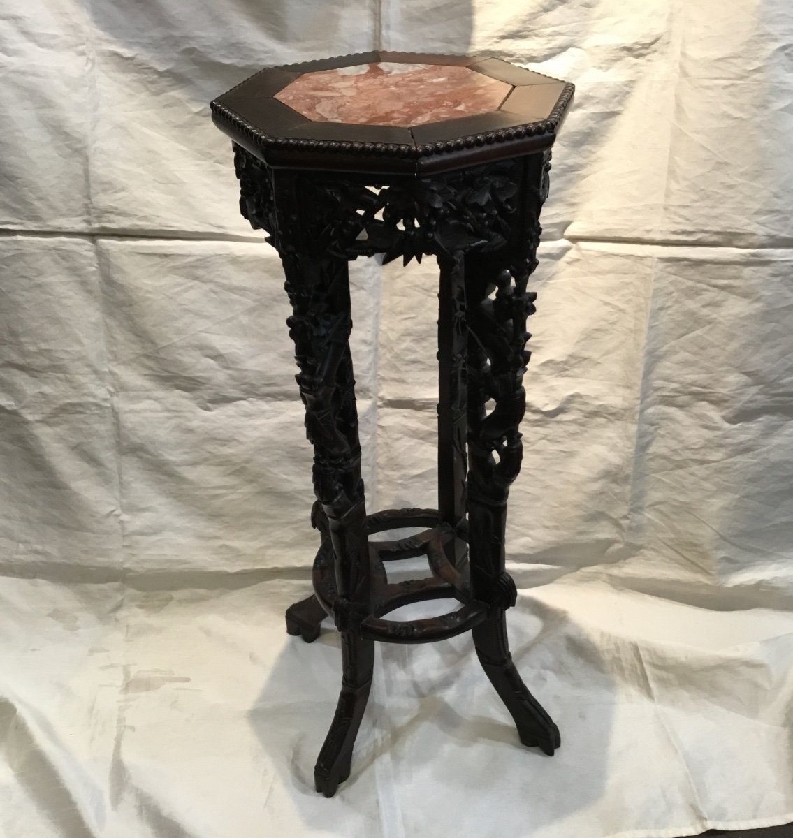 China 19th - Exotic Wood And Marble Stool-photo-2