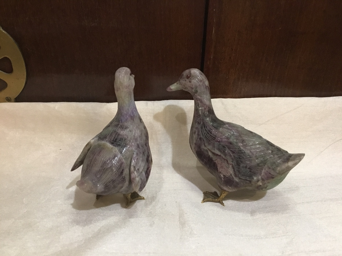 Paire De Canards Sculptés En Agathe Vers 1880-photo-3