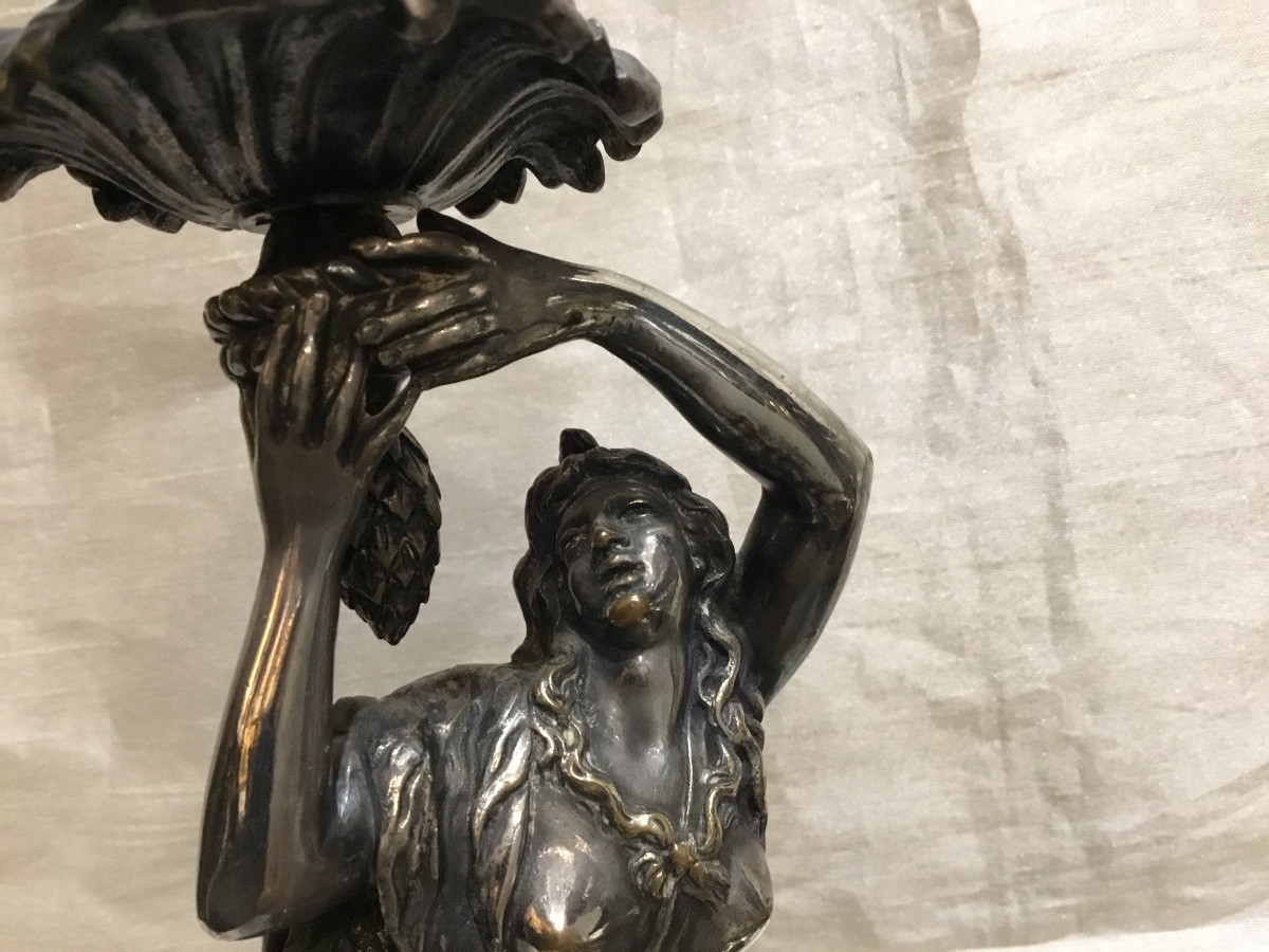 19th Century - Pair Of Silvered Bronze Female Candlesticks -photo-2