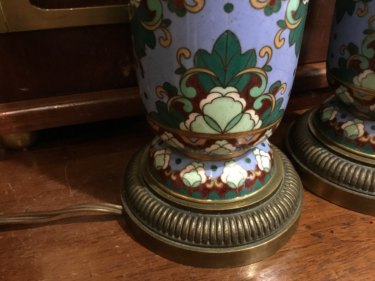 Japon 19e - Paire de pieds de lampe cloisonnée-photo-3