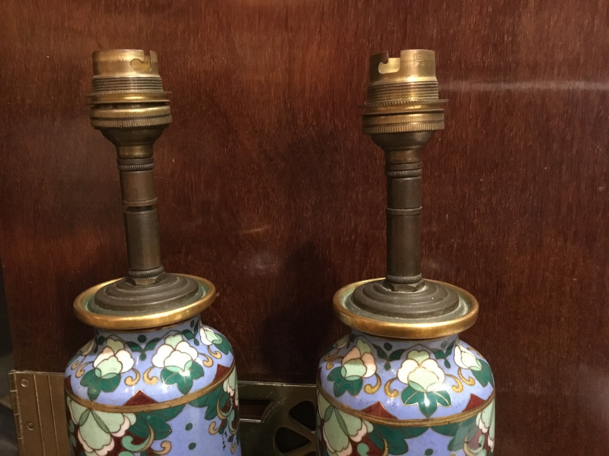 Japon 19e - Paire de pieds de lampe cloisonnée-photo-1