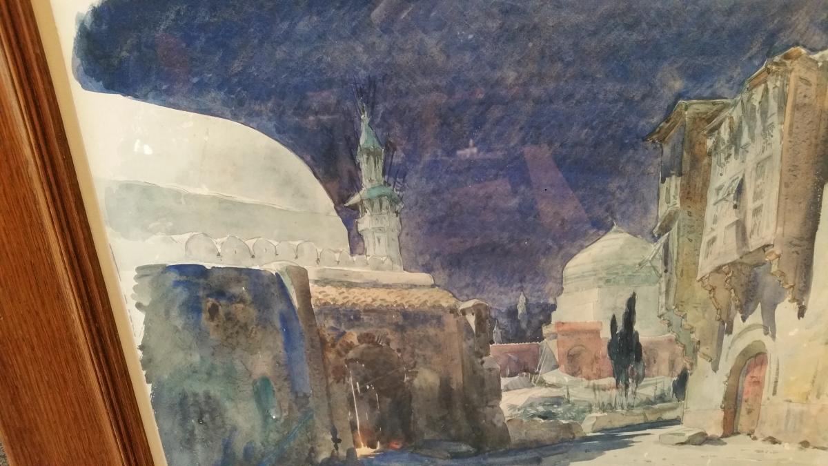A. Bailly - Orientalist Watercolor View From A Middle East Site-photo-3