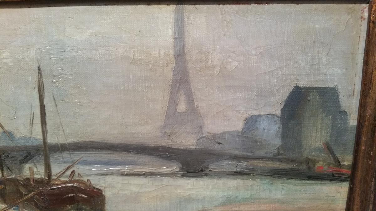 R. Lemercier -  Paris Tour Eiffel La Seine Huile S/toile Vers 1920-photo-3