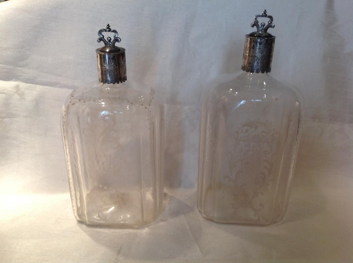 Two Engraved Glass Bottles 18th Silver Mounts