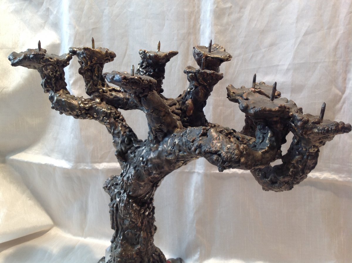 Judaica Chandelier 7 Branches Menorah Bronze Twentieth-photo-2