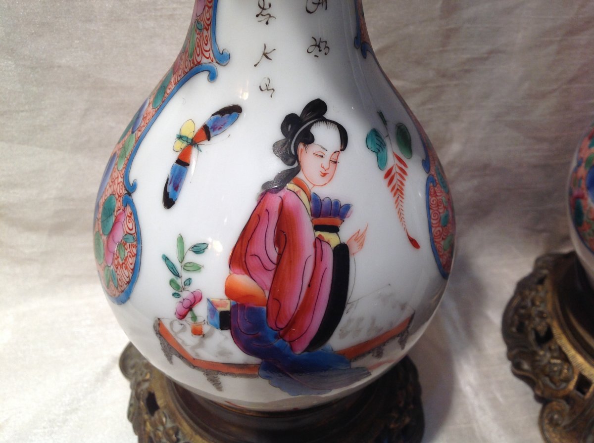 Paire De Lampe 19eme En Porcelaine De Bayeux Décor Au Chinois N III-photo-2