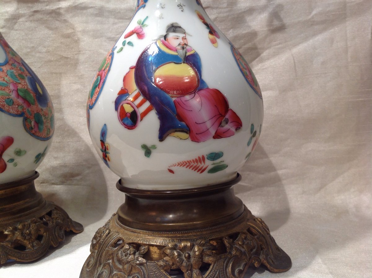 Paire De Lampe 19eme En Porcelaine De Bayeux Décor Au Chinois N III-photo-4