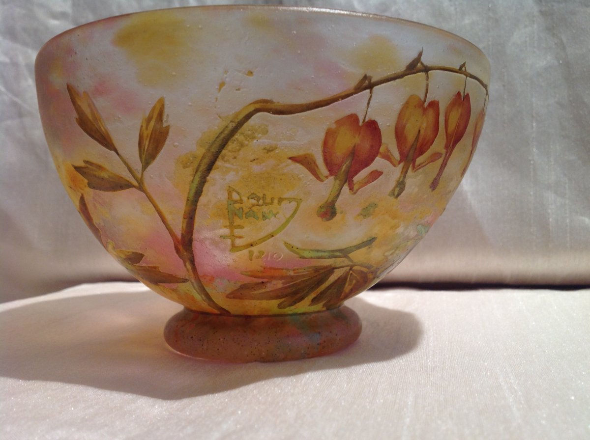 Daum - Art Nouveau Glass Paste Bowl With Bell Flowers Decor-photo-3