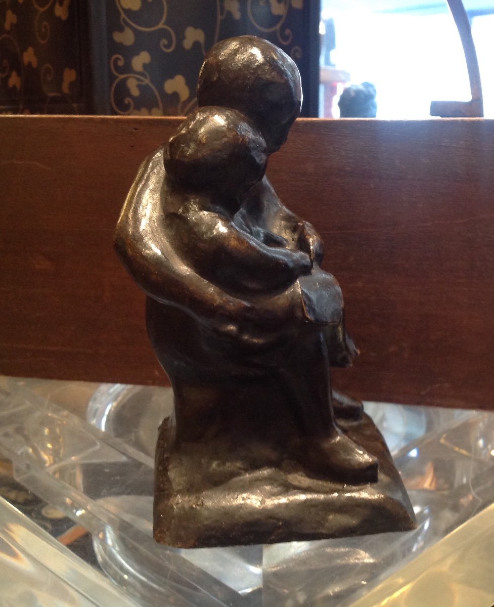 A. Huguenin-dumitran - Bronze Sculpture Woman And Child Reading-photo-2