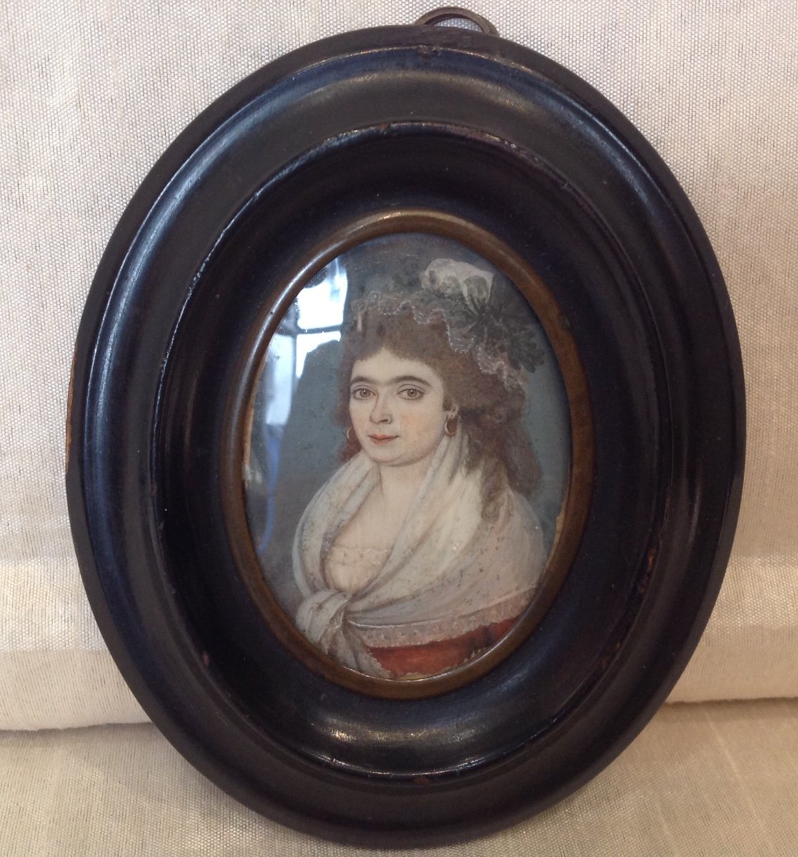 Miniature 19th - Portrait Of Woman With Headdress