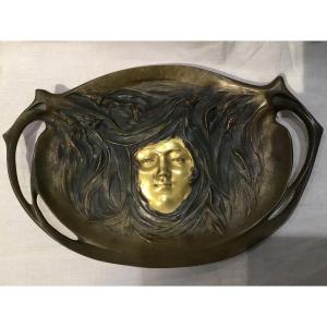 Art Nouveau - Plateau sculpture En Bronze Visage De Femme 