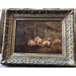 19th Century Painting - Farmyard With Pigs And Farmer