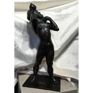 J. Ginier - Bronze Sculpture Naked Woman And Child