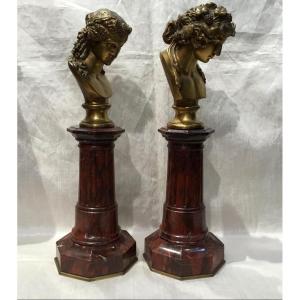 Pair Of Bronze Busts On Red Marble Columns 19th